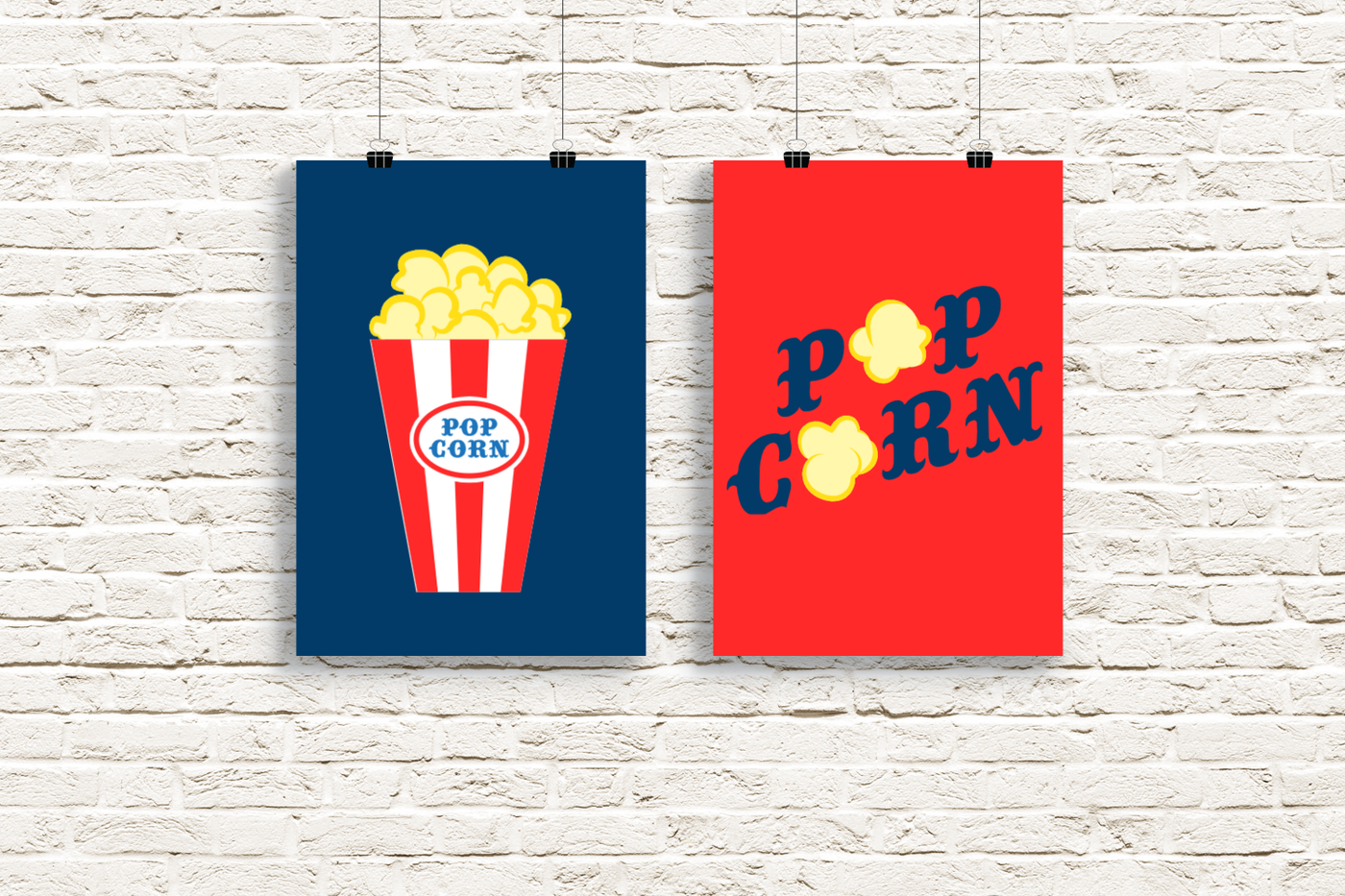 Popcorn design duo. One has a tub of popcorn, the other says "pop corn" with popcorn for the Os.