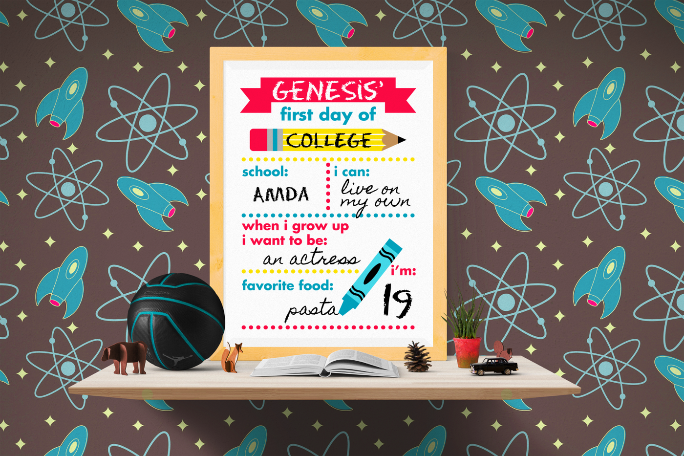 Framed poster on a desk. It has a pink banner, pencil, and crayon. There is space to ad the child's name and grade level, school, what they can do, what they want to be when they grow up, their age, and favorite food. The areas are separated by dotted lines.