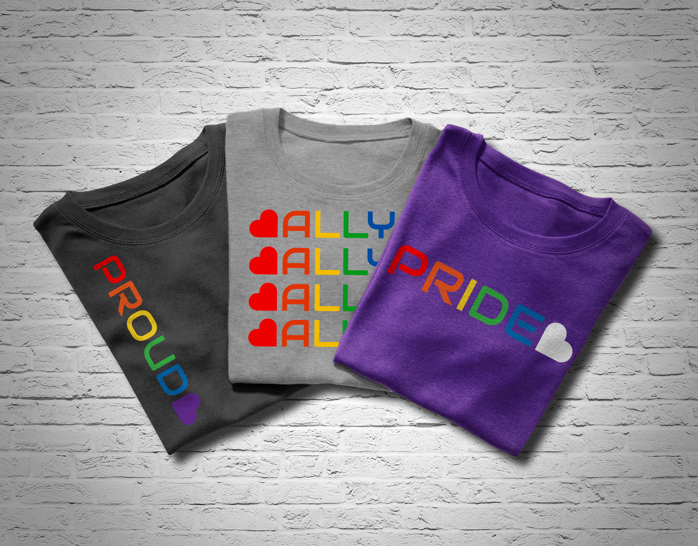 Rainbow color pride designs with the words "Proud," "Ally," and "Pride" with a heart.