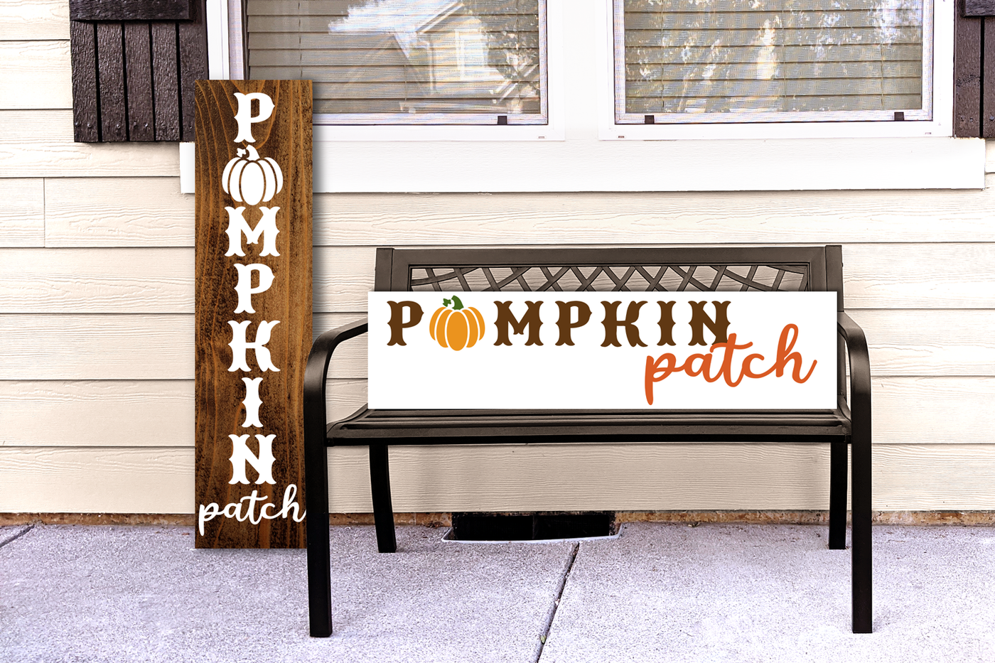 Two porch signs, one vertical and one horizontal. Each says "pumpkin patch" with a pumpkin in place of the U.