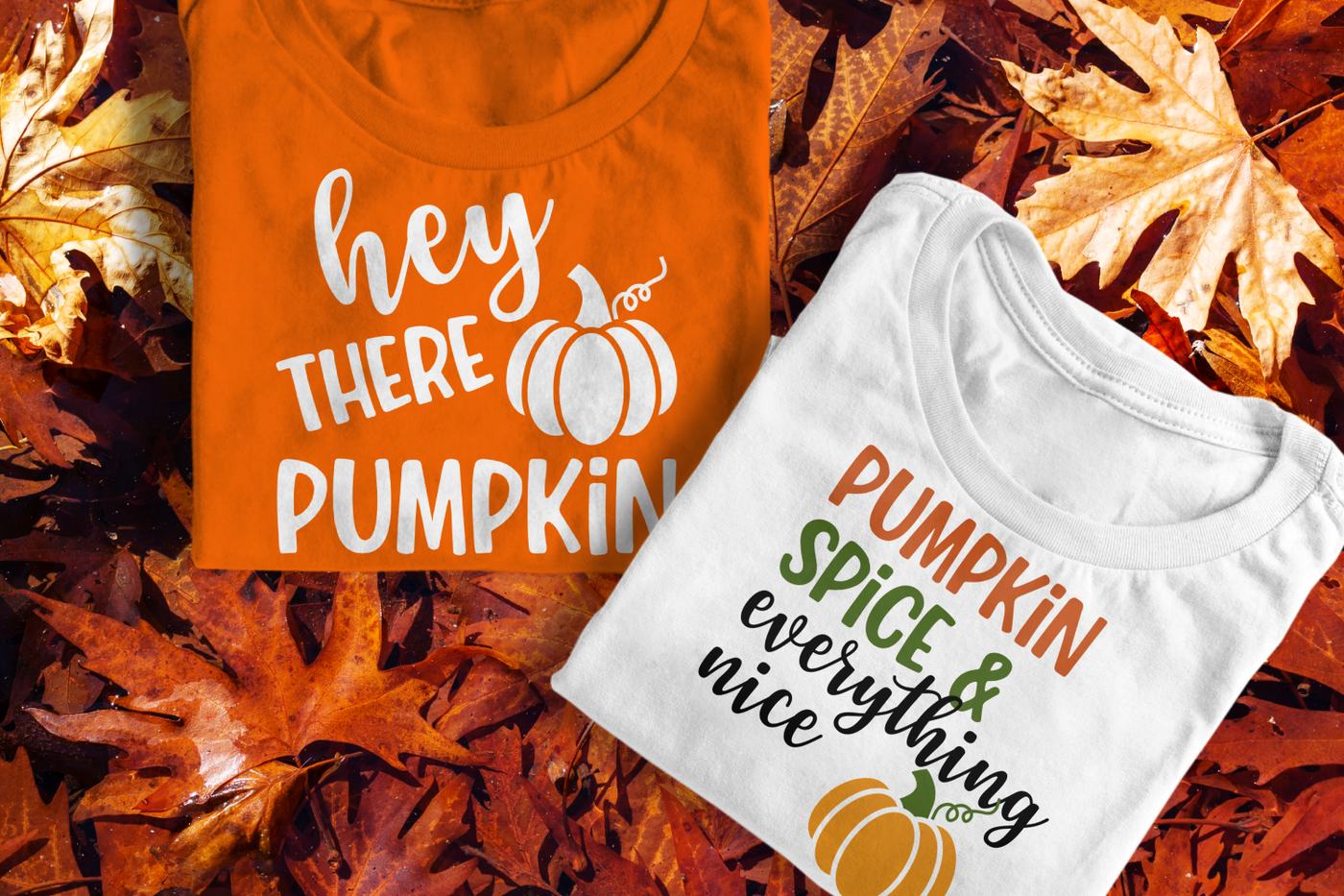 Two pumpkin designs. One is paired with the words "hey there pumpkin" and the other says "pumpkin spice and everything nice."