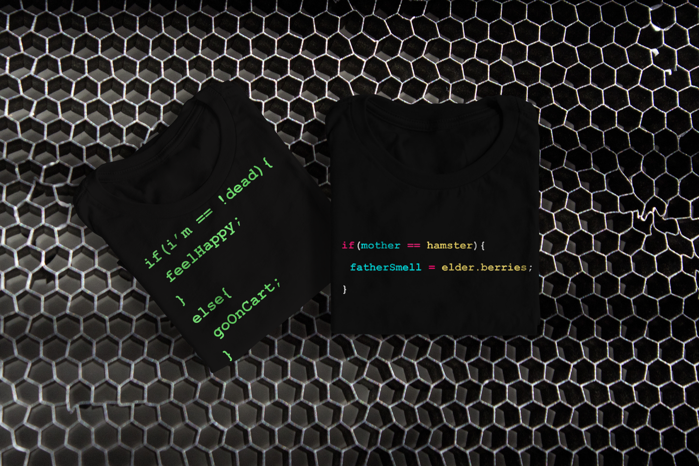 Two black tees with computer code. The code type is Python, but references Monty Python and the Holy Grail quotes.