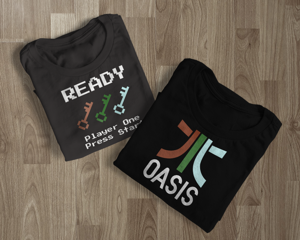 Two retro video game parody designs: The word "OASIS" and a gate logo made of three merging lines in a parody of an 80s video game logo, and the word "READY" with three keys and the words "Player One Press Start" all done in 8 bit style