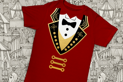 A red tee with a design to look like a ringmaster's outfit.