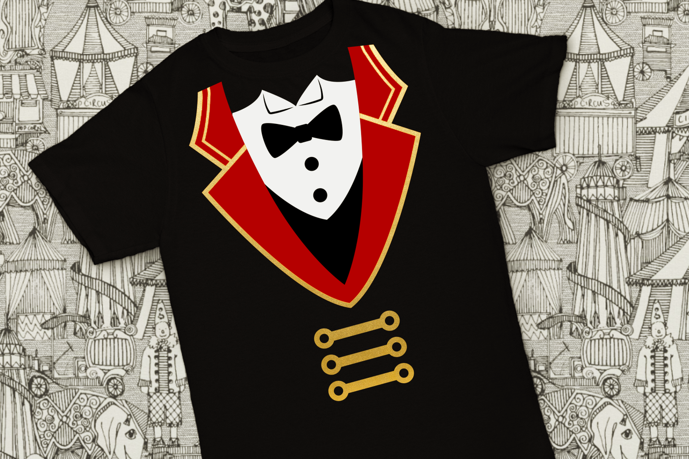 A black tee decorated to look like a ringmaster's outfit.