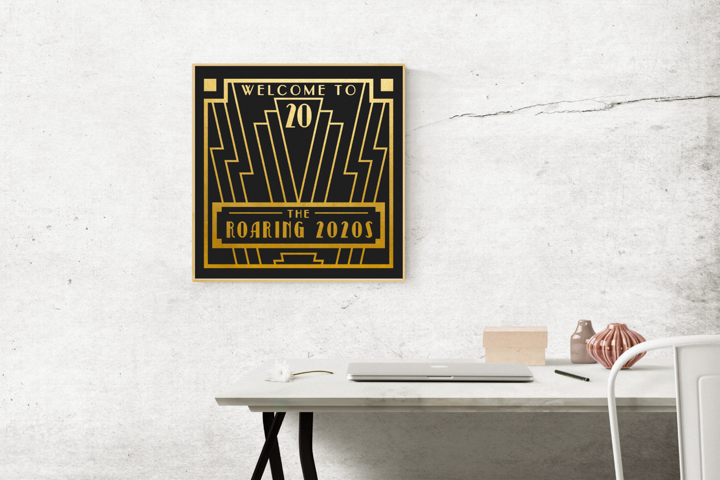 1920s Art Deco style design that says "welcome to the Roaring 2020s"