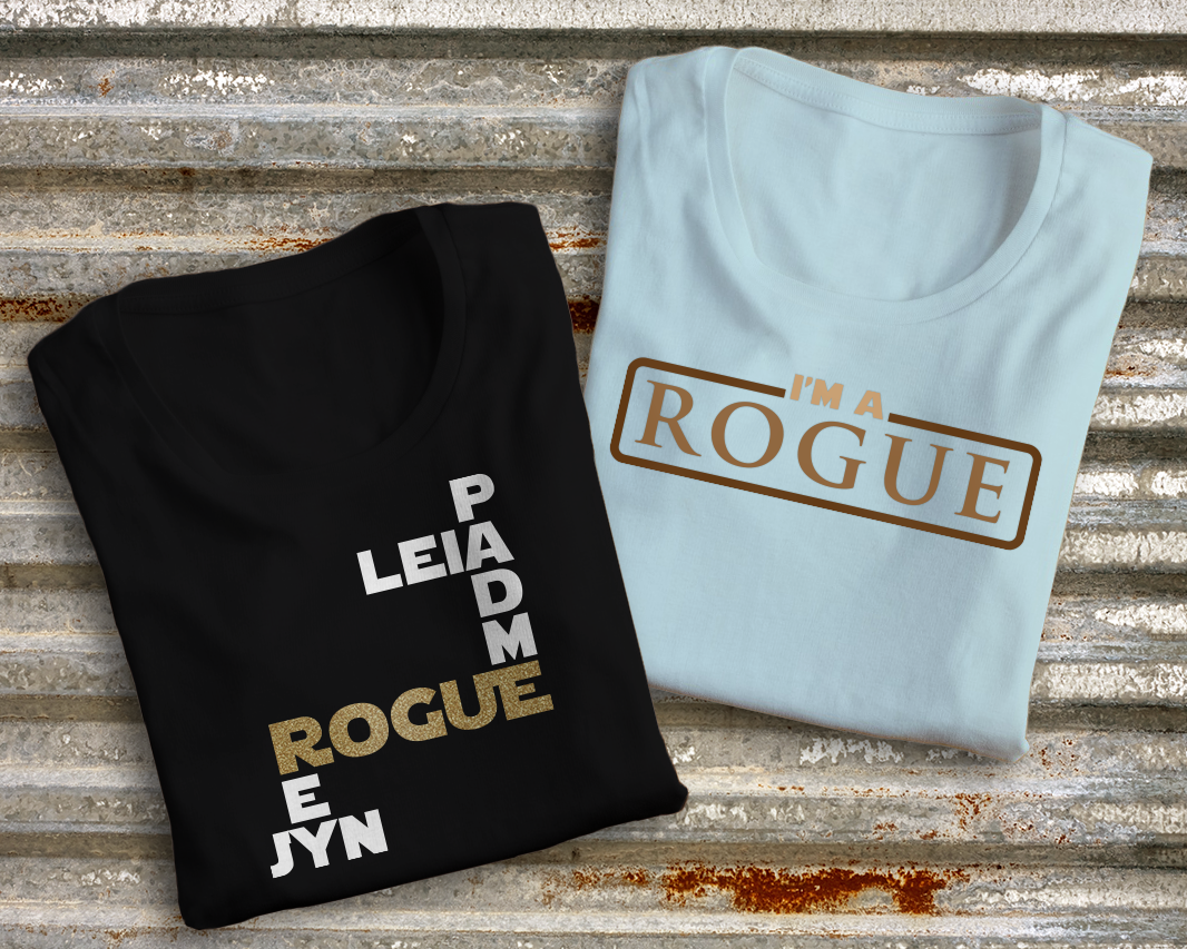 Rogue word art with female character names, and "I am a Rogue" designs