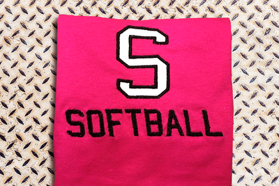 Applique S with word softball embroidered below