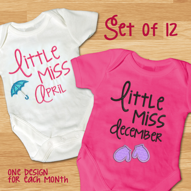 Set of 12 Little Miss applique designs. One design for each month.