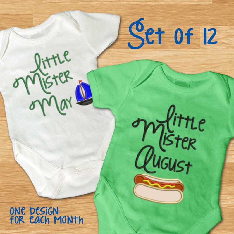 Set of 12 Little Mister applique designs, one design for each month.