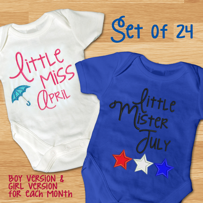 Set of 24 Little Miss and Little Mister designs. Boy and girl versions for each month.