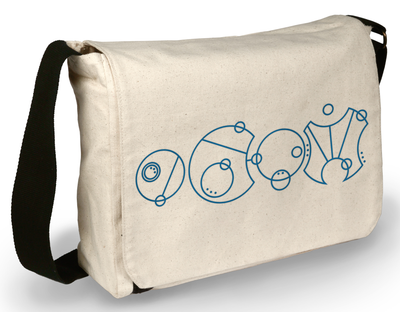A custom Gallifreyan sentence on a messenger bag, with the letters arranged in a line instead of inside a larger circle.