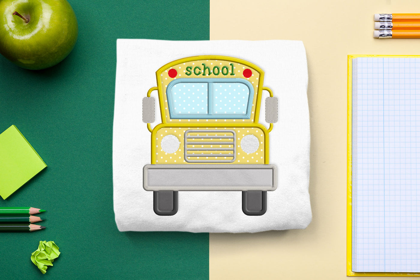 School bus front applique embroidery design file