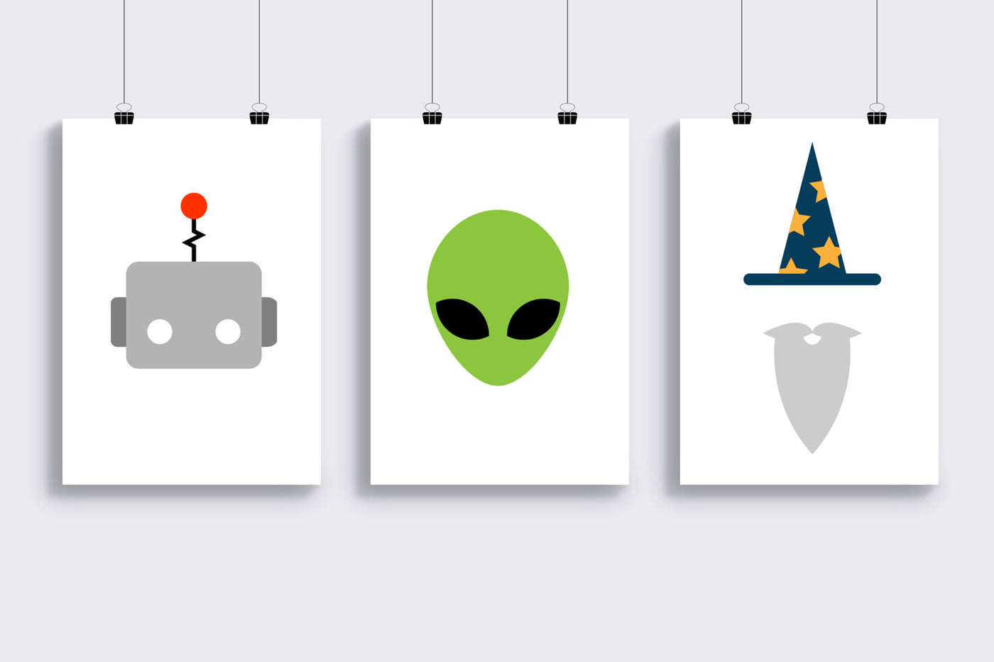 Trio of SVG icons - a robot face, an alien face, and a wizard beard with hat.