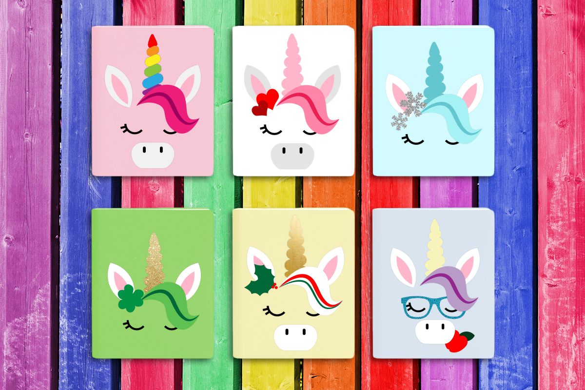 Set of 6 unicorn face designs, each with a seasonal theme