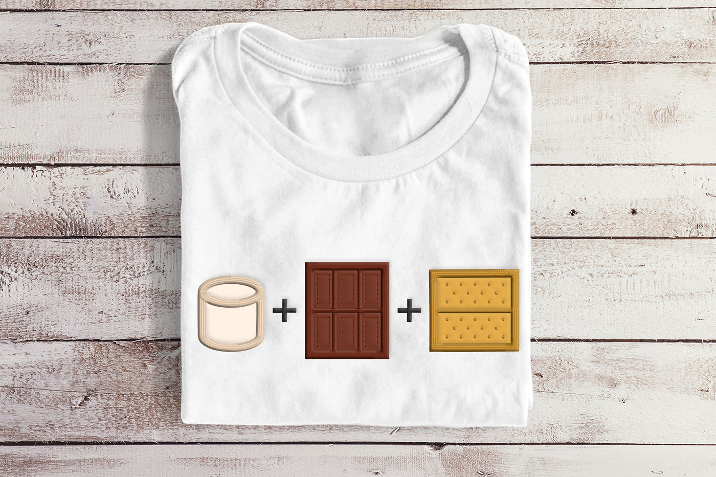 smore formula applique with marshmallow, chocolate bar, and graham cracker embroidery designs