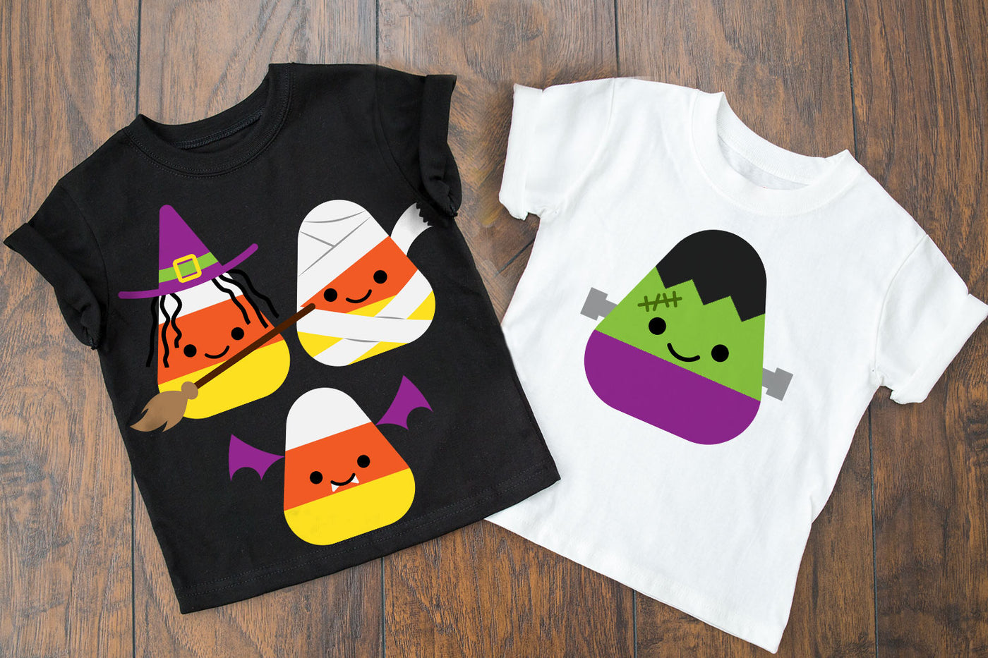 SVG design with 4 candy corns dressed up for Halloween as a witch, mummy, vampire bat, and Frankenstein's monster.