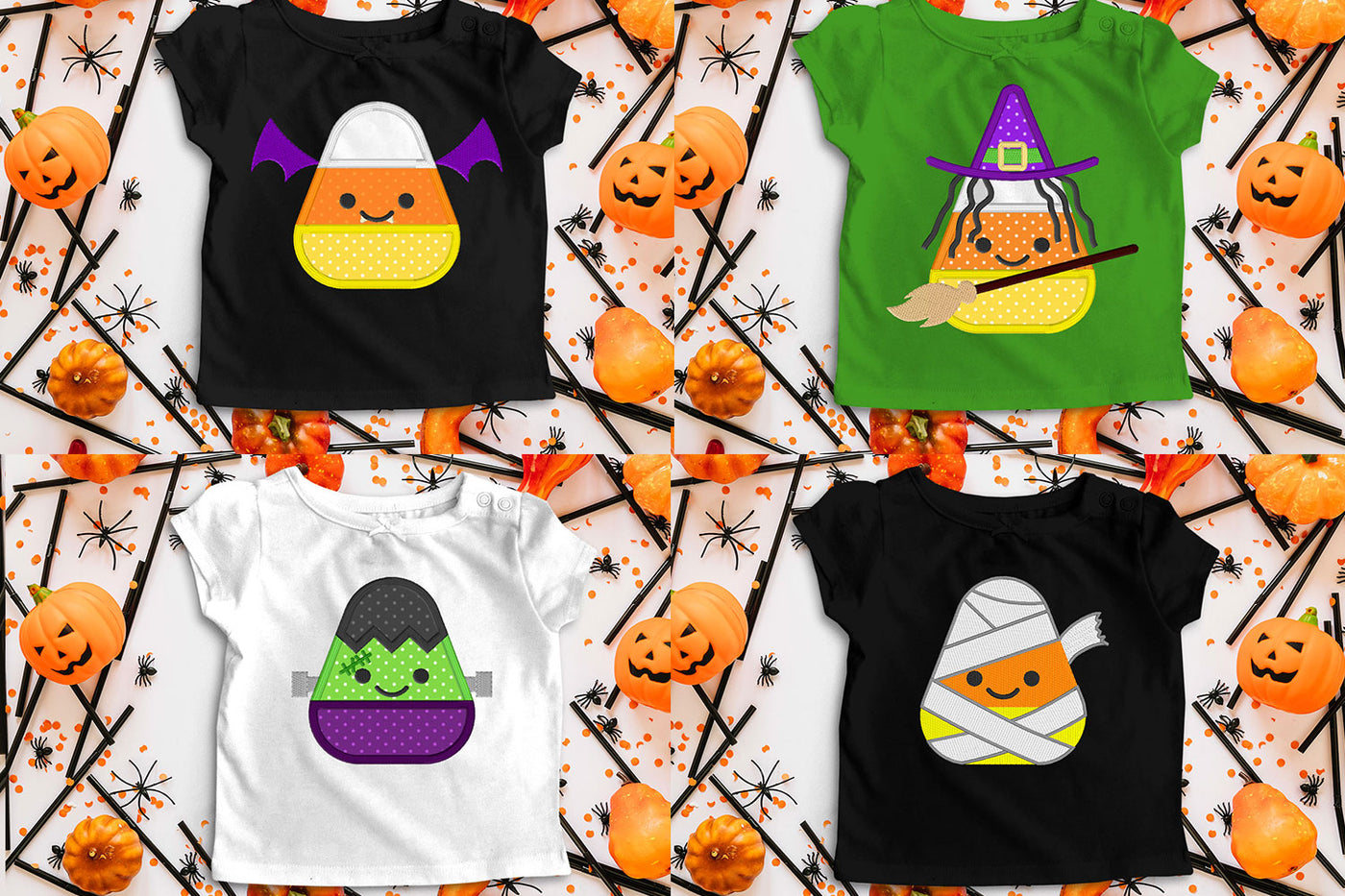 costumed candy corn Halloween applique embroidery file bundle of 4 designs including a vampire bat, witch, Frankenstein's monster, and mummy