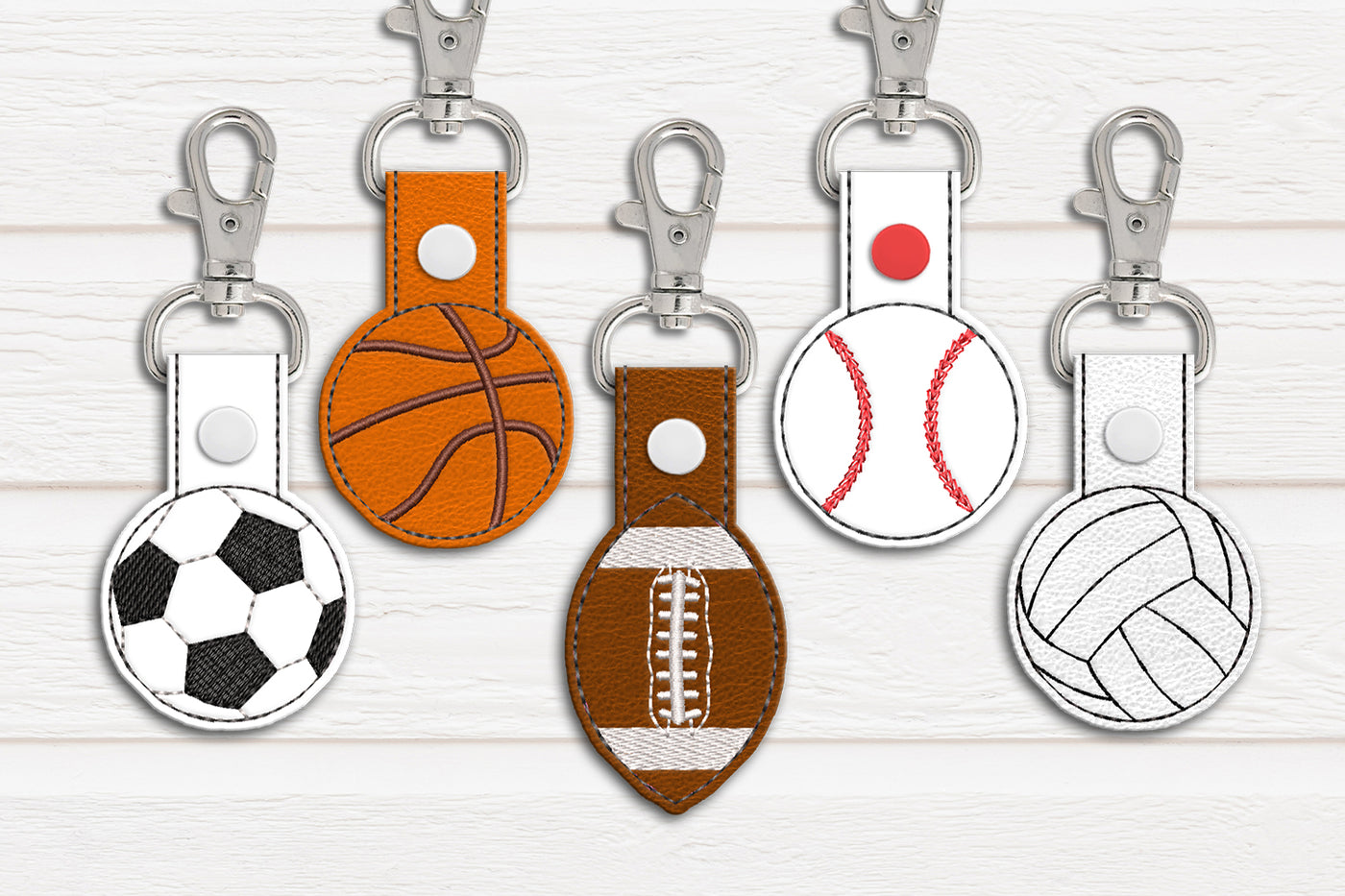 Bundle of 5 key fob ITH designs: soccer ball, basketball football, baseball, and volleyball