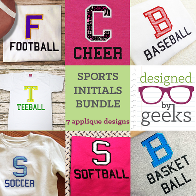 Grid of 7 applique designs. Each has a large applique letter with the name of a sport embroidered below. Includes Football, cheer, baseball, teeball, soccer. softball, and basketball.