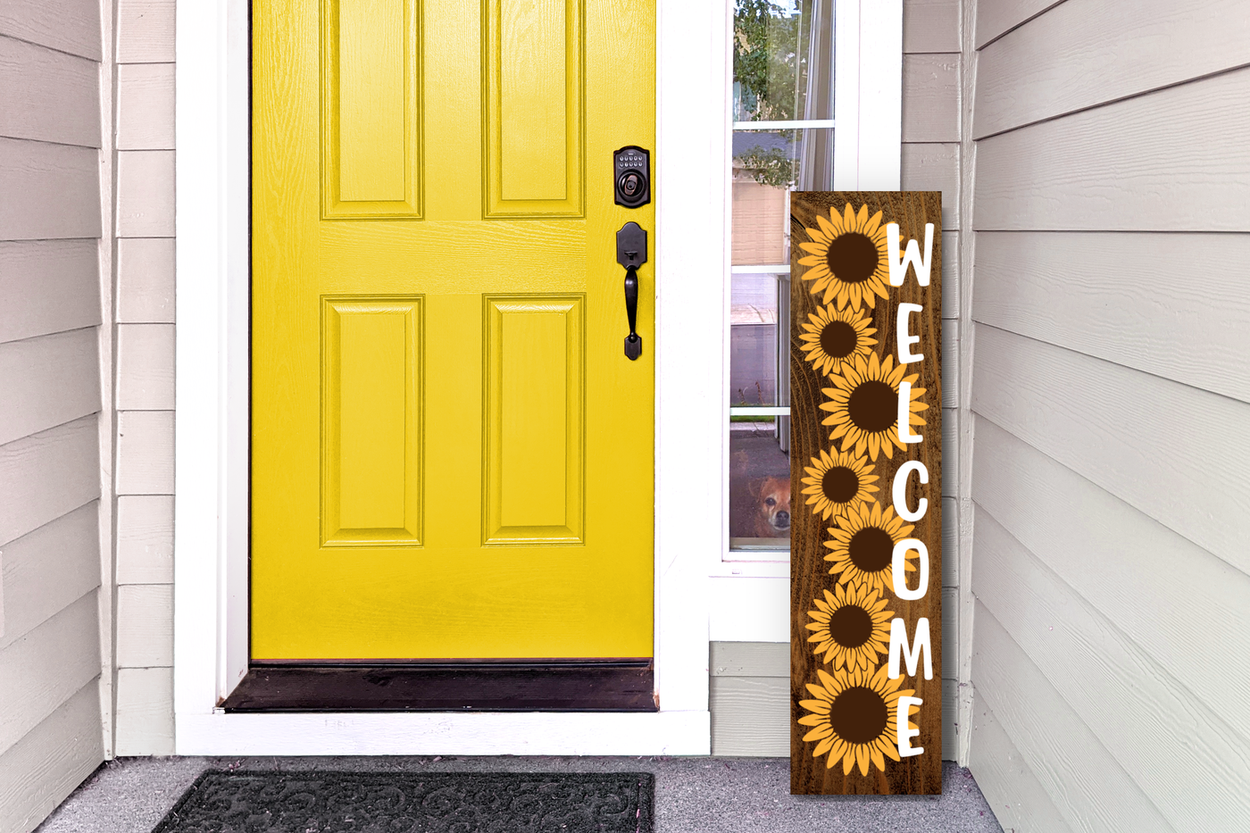 Vertical porch sign with a line of sunflowers and the word "welcome"