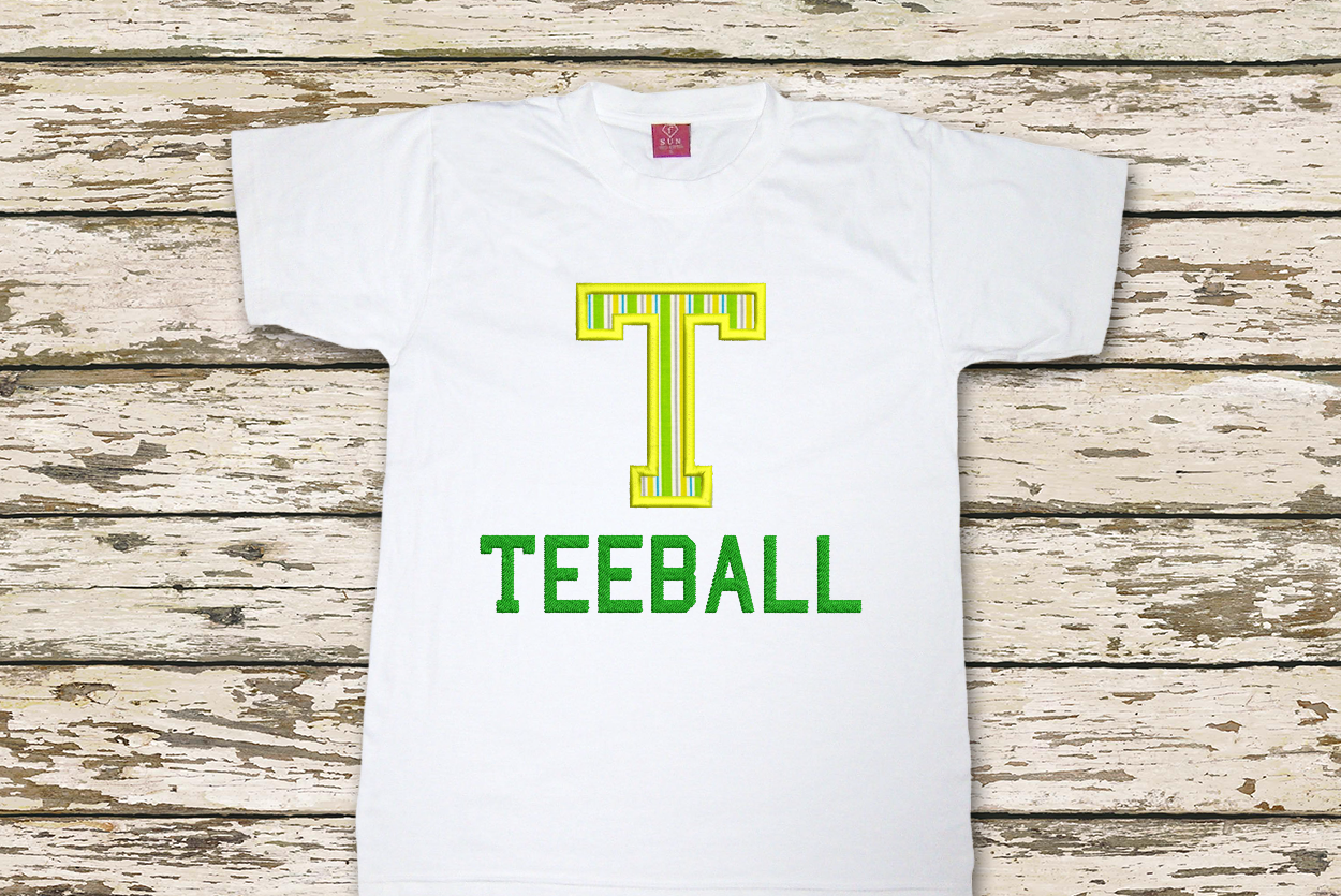 Large T applique with the embroidered word Teeball below