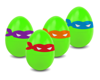 Green plastic Easter eggs with blindfold masks in different colors.