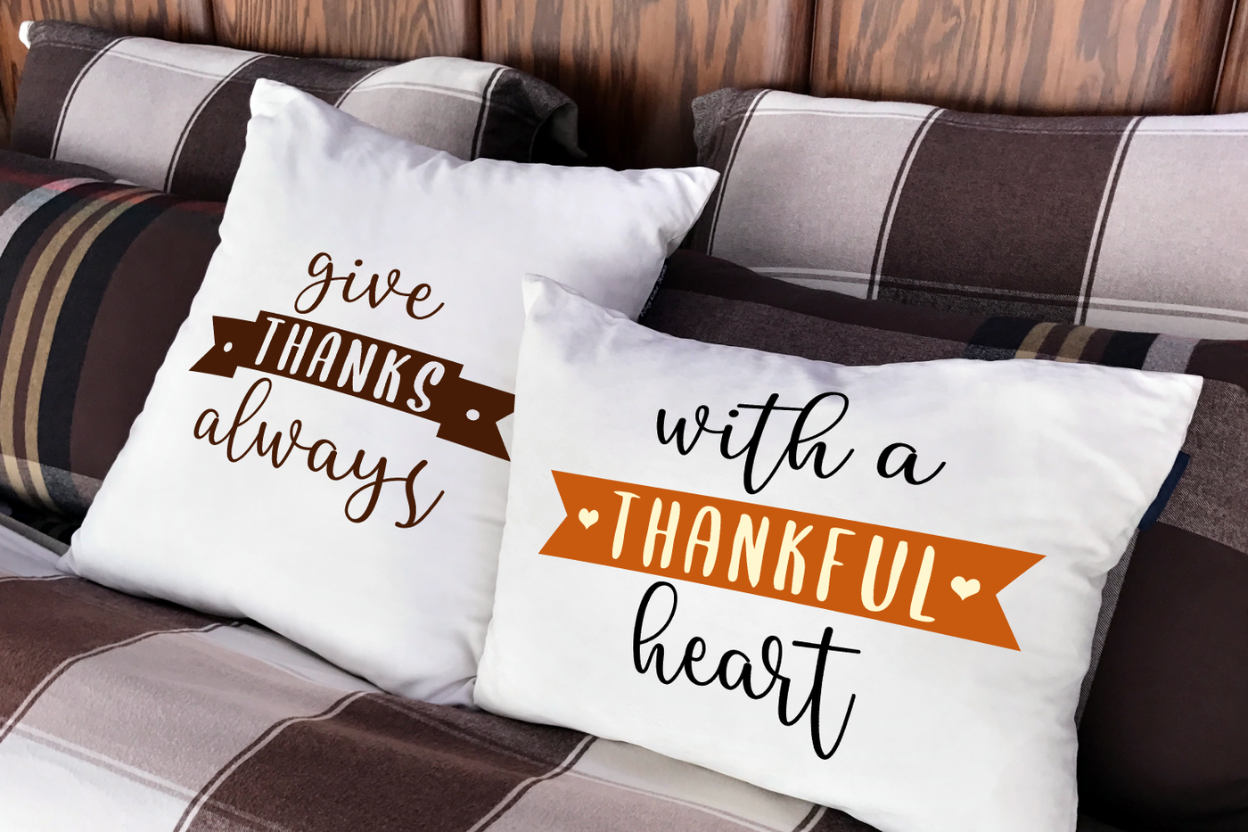 Two Thanksgiving designs. One says "give thanks always" and the other says "with a thankful heart"