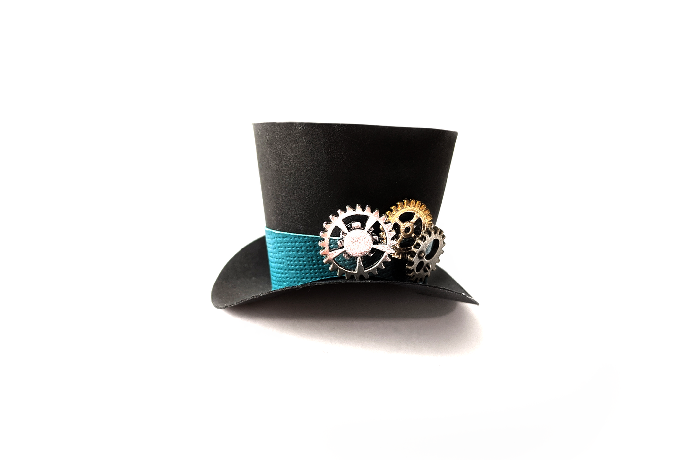 Mini top hat made out of paper, with steampunk gears added as embellishments