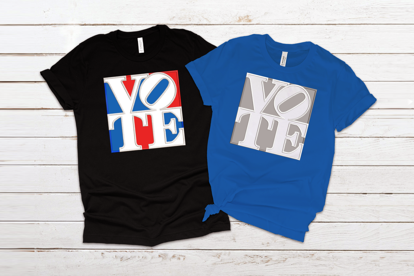 Two tees, each with a "VOTE" applique design set inside of a square.