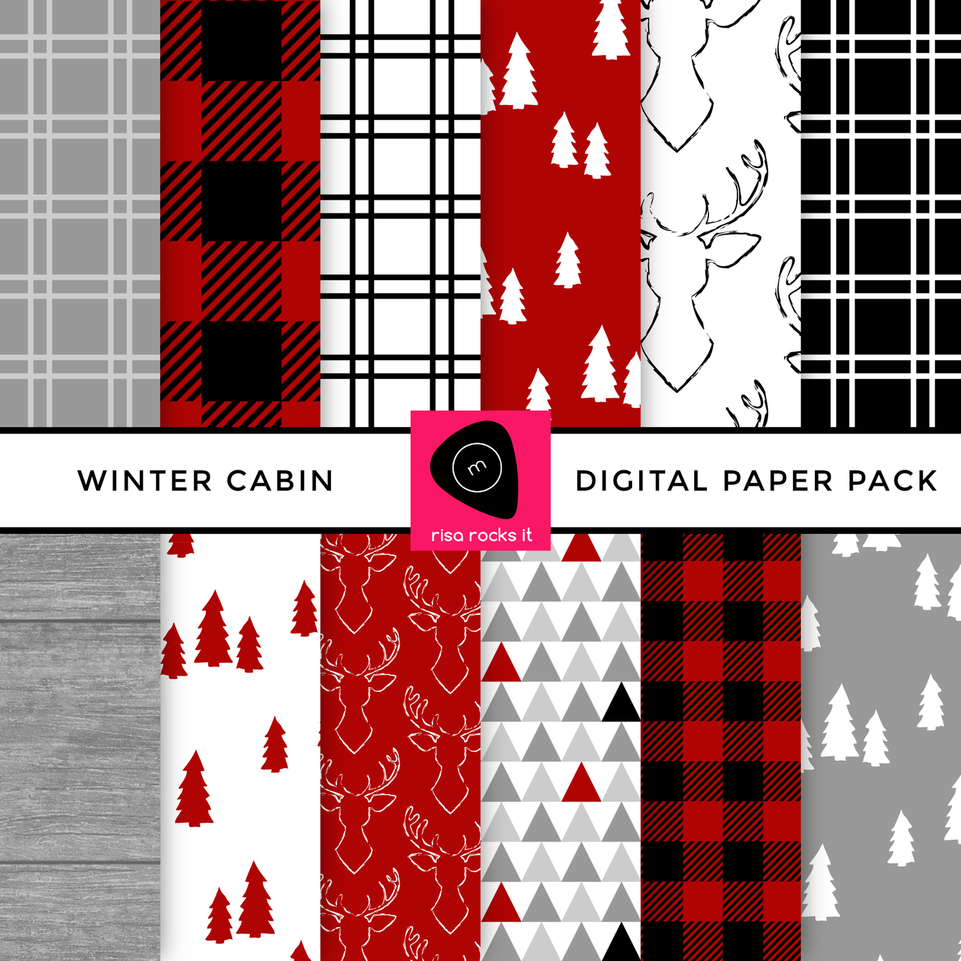 This winter cabin inspired digital paper set features cozy patterns in red, black, white, and shades of grey. Includes buffalo plaid, deer busts, trees, weathered grey wood, and more, for a set of 12 coordinating paper patterns.