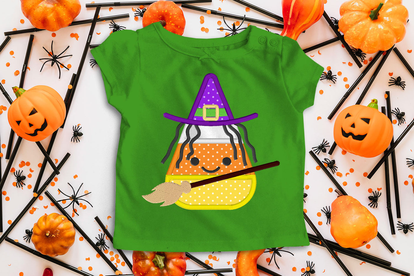 Candy corn dressed as a witch applique embroidery design file