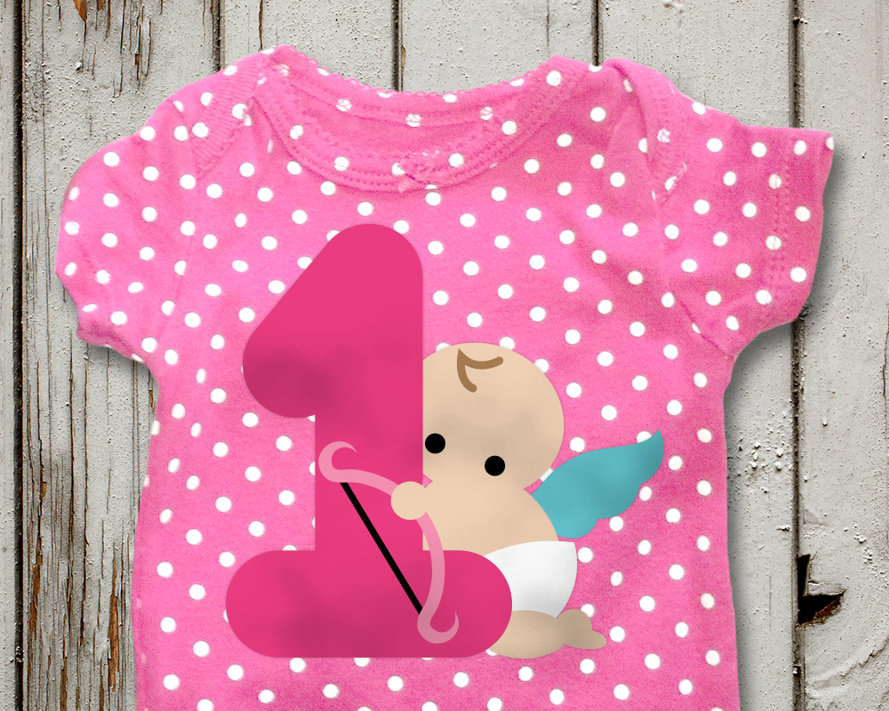 Polka dot onesie with a large one. A baby cupid holding a bow is behind it.