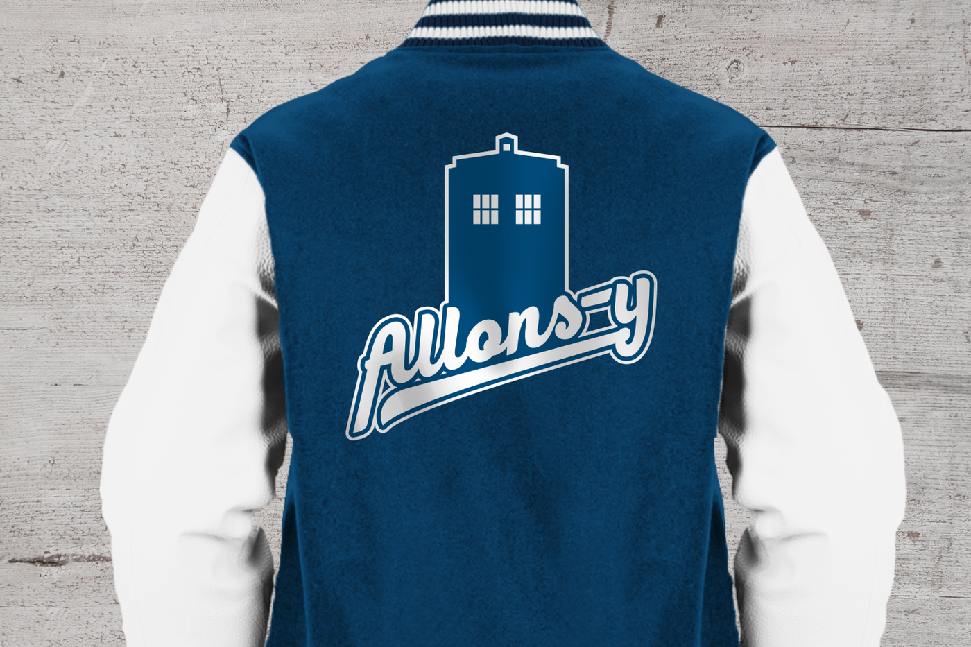 "Allons-y" in sports style lettering with a phone box peeking out from the top