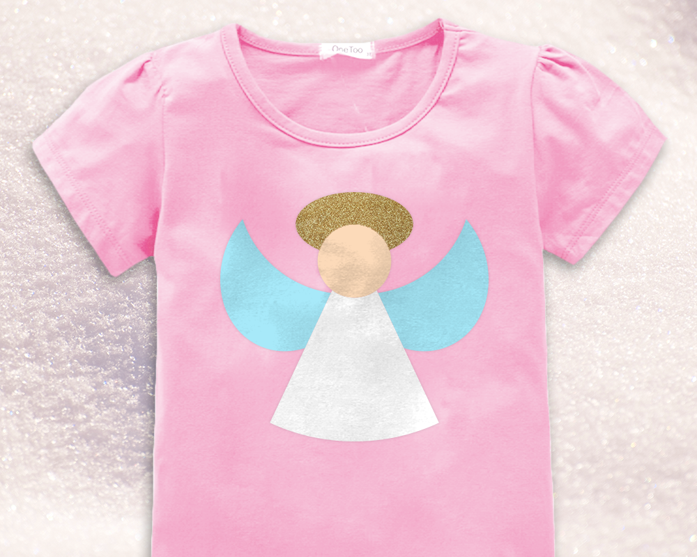 Pink child's shirt with a minimalist angel design.