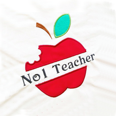 An apple with a bit out of it and split in the middle is appliqued onto a piece of white fabric. The customer has added the text "No. 1 Teacher" in the split space. (Text is not included as part of the design).