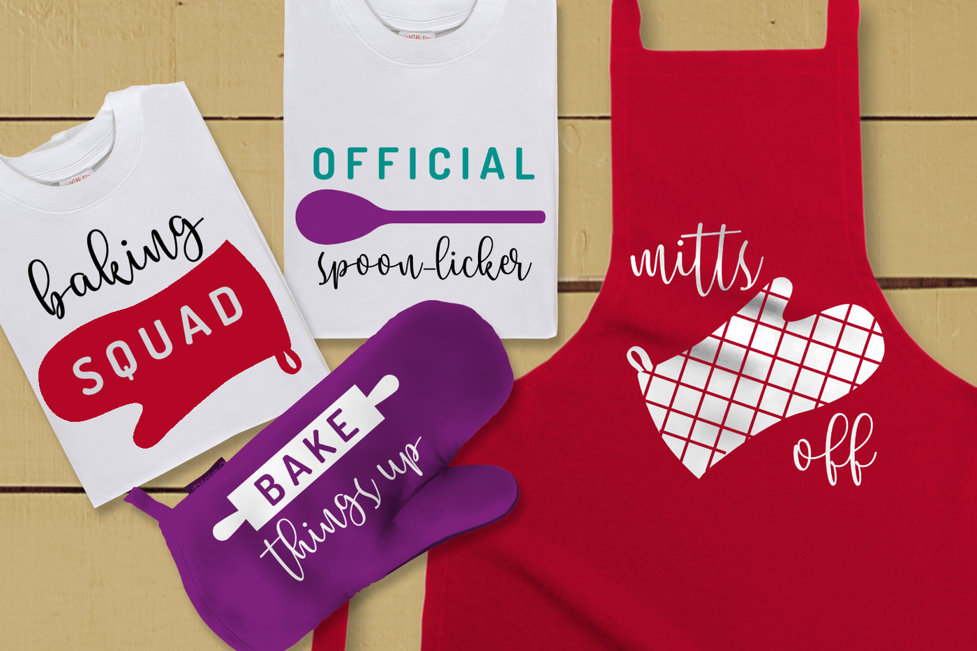 4 baking themed designs: Spoon with "official spoon licker," Oven mitt with "baking squad," Oven mitt with "mitts off," and Rolling pin with "bake things up"