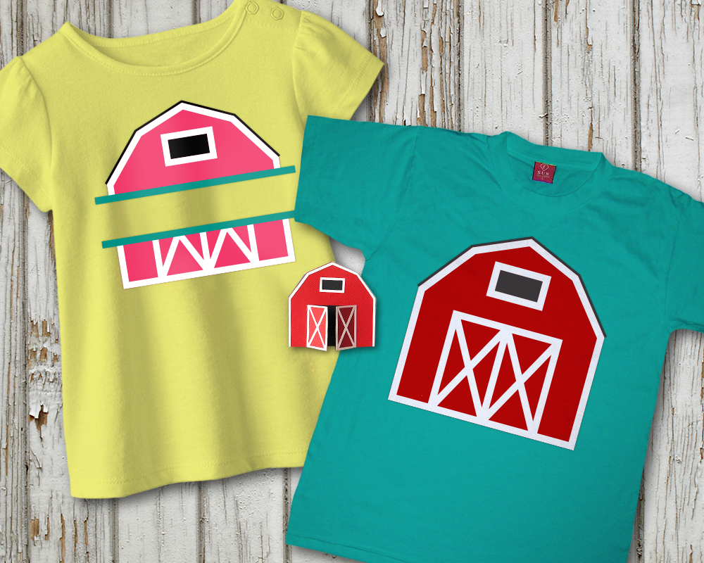 Two children's shirts sit on a wood background. Each shirt has a barn image. One of the barns has a split space in the middle. There is also a paper barn with them that has doors that swing out.