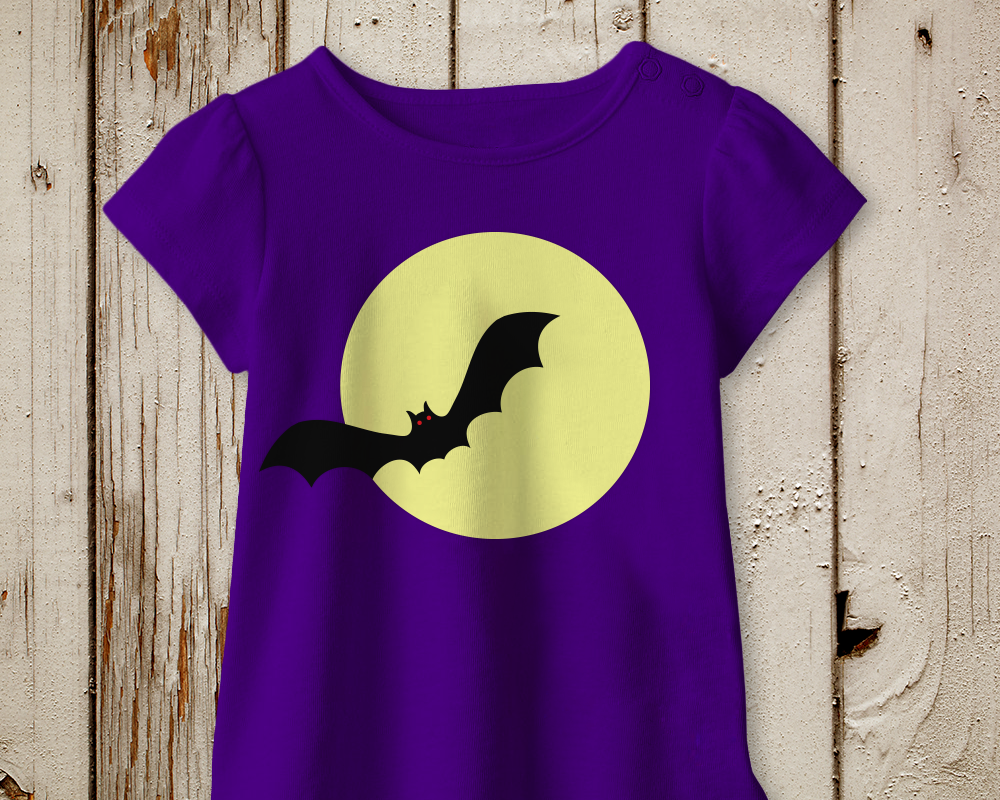 Purple tee with a large full moon and bat design