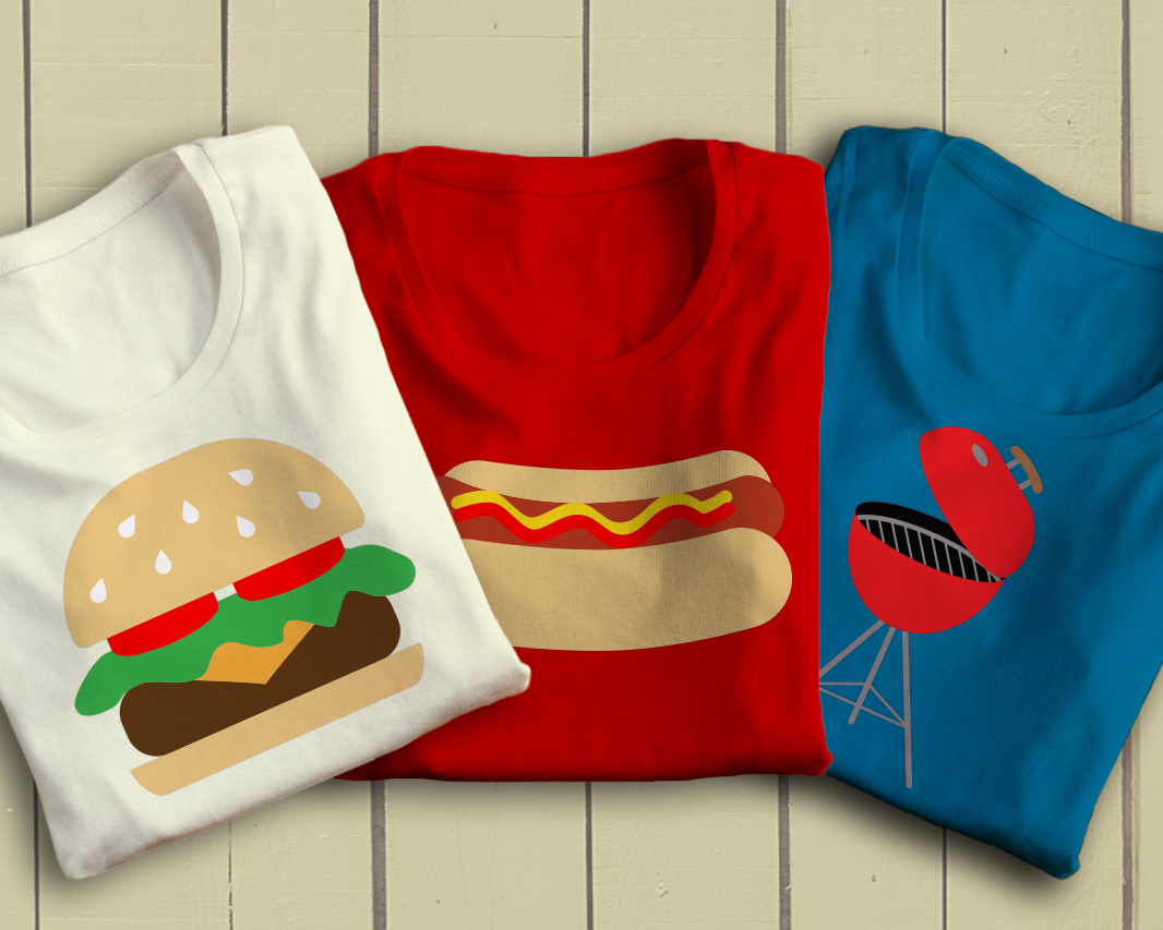 Trio of designs with a hamburger, hot dog, and charcoal BBQ grill