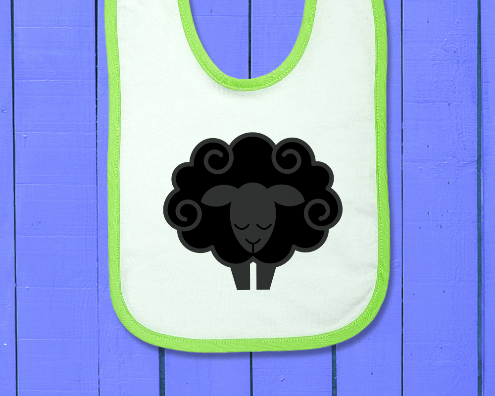 Baby bib with a black sheep design.