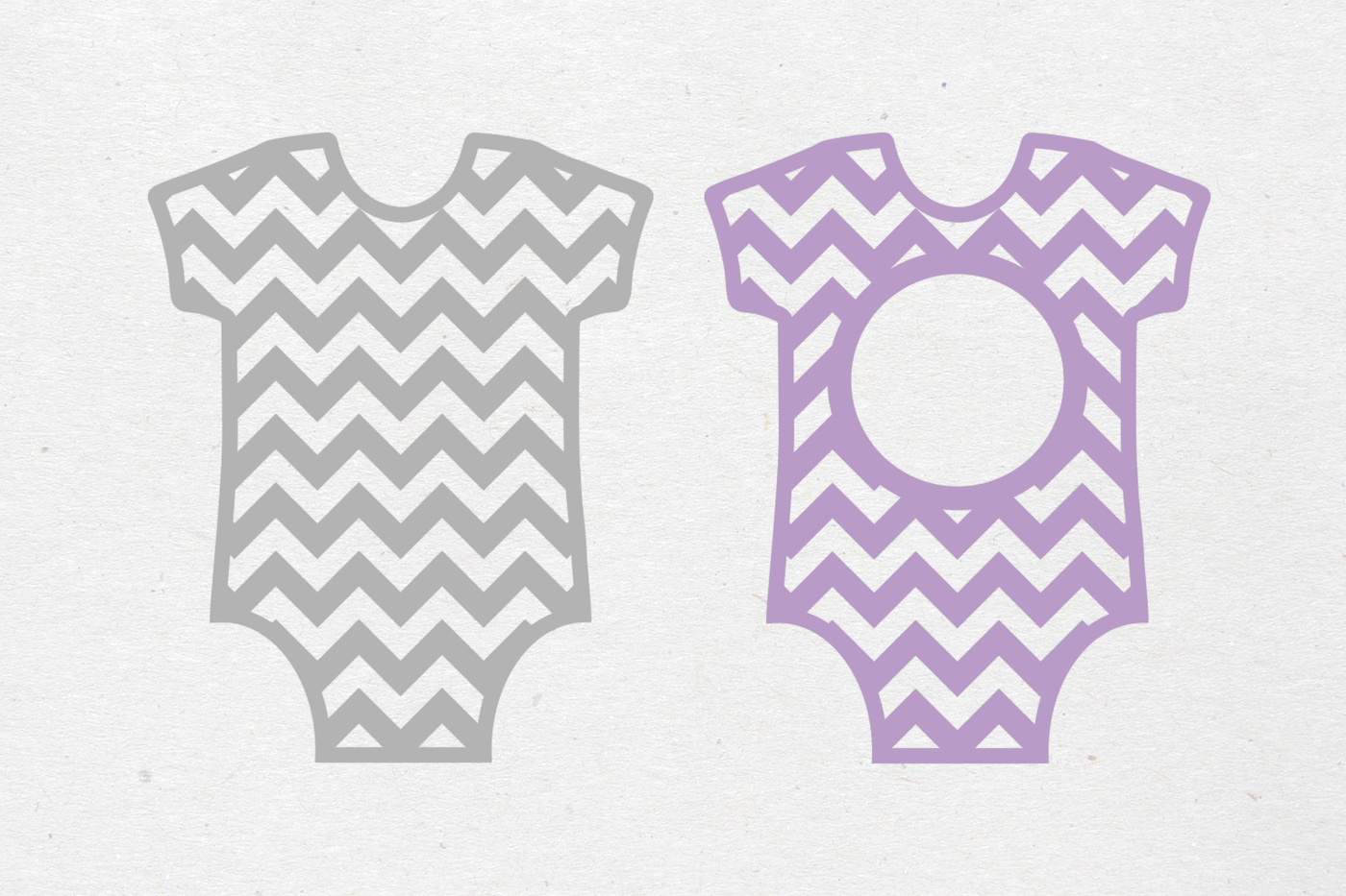 Two bodysuit designs, each with a chevron pattern. The left is grey, the right is lavender with a circle in the middle for adding a monogram.