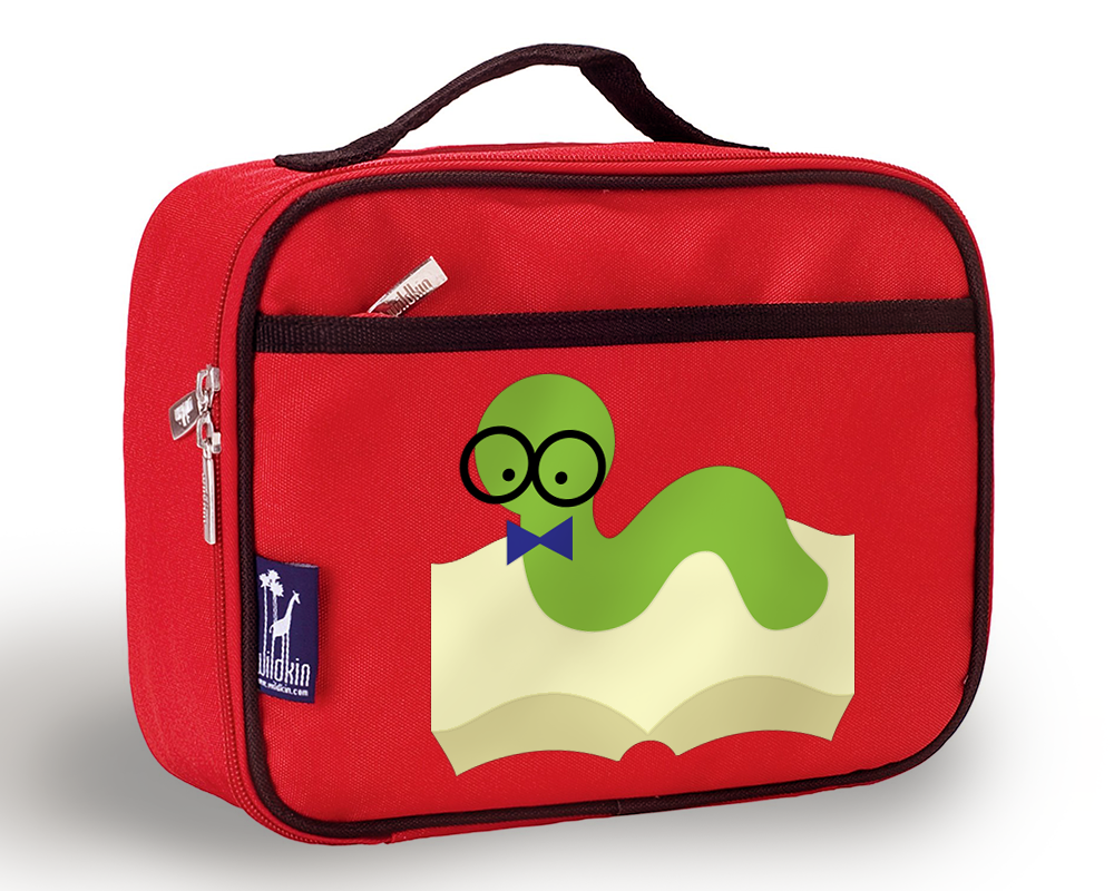 A red fabric lunchbox with a bookworm design. The worm is green and wears glasses and a bow tie while crawling on an open book.