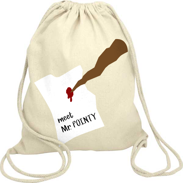 A natural fabric drawstring tote bag on a white background. The design on the bag has the image of a crumpled piece of paper being stabbed by a bloody wooden stake that says "meet Mr. POINTY."