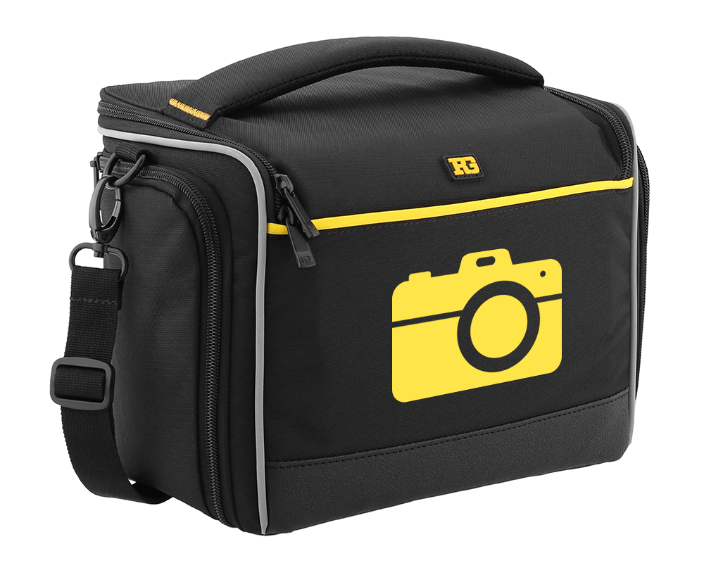 A black camera bag with yellow trim. On the bag is a single color design of a camera icon done in yellow.