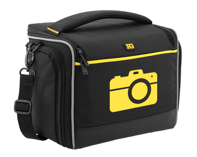 A black camera bag with yellow trim. On the bag is a single color design of a camera icon done in yellow.