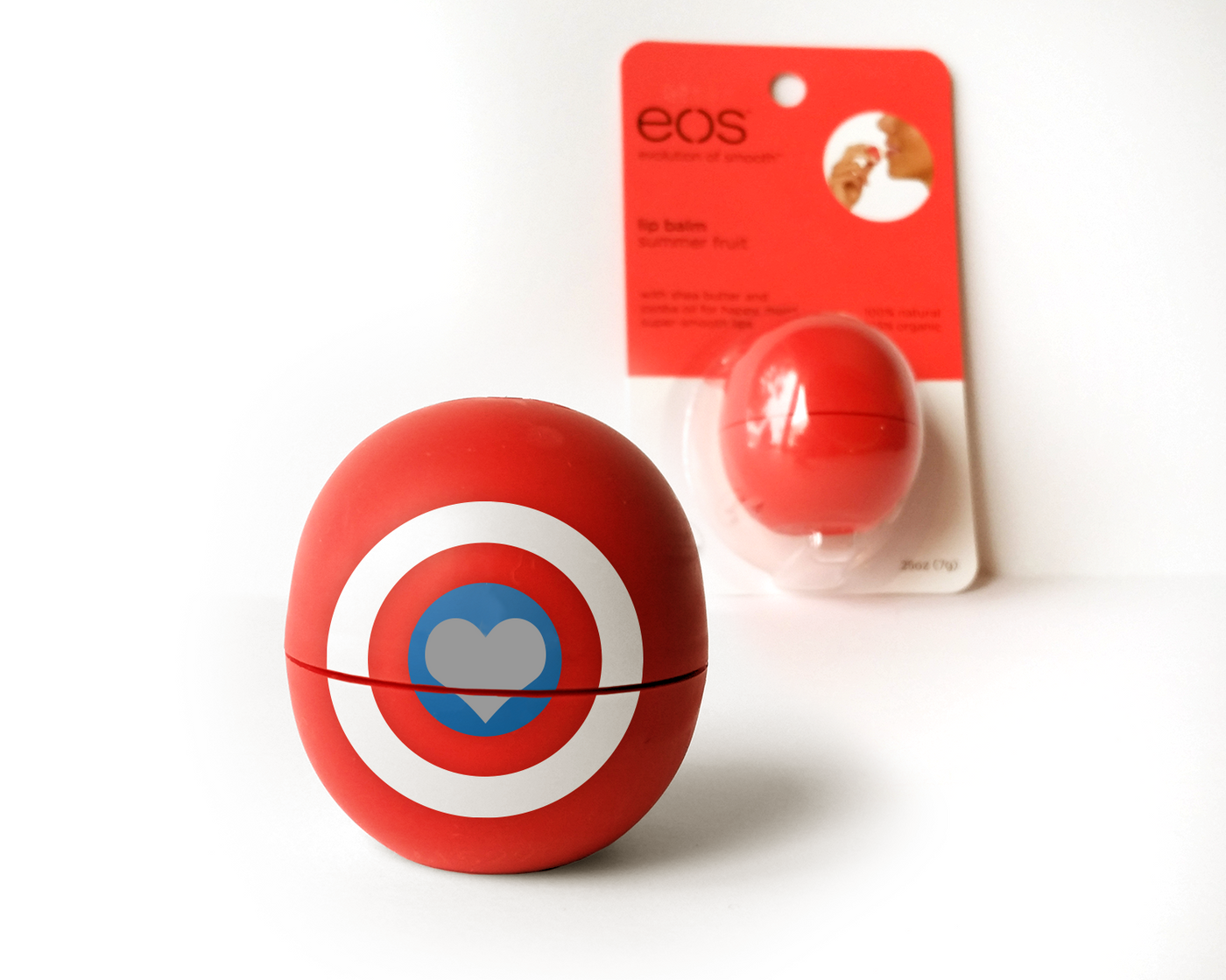 EOS lip balm container with a target design with a heart in the middle.
