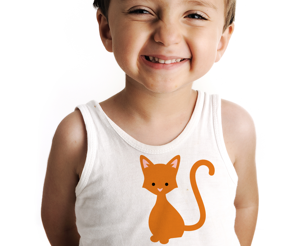A smiling white boy wears a white tank top with an orange cat on it.