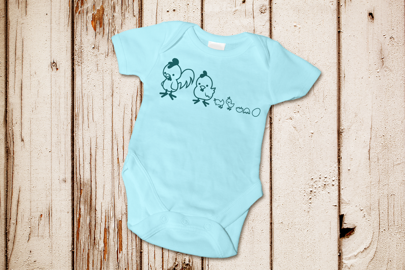 An aqua baby onesie with a family of chickens as a single color design.