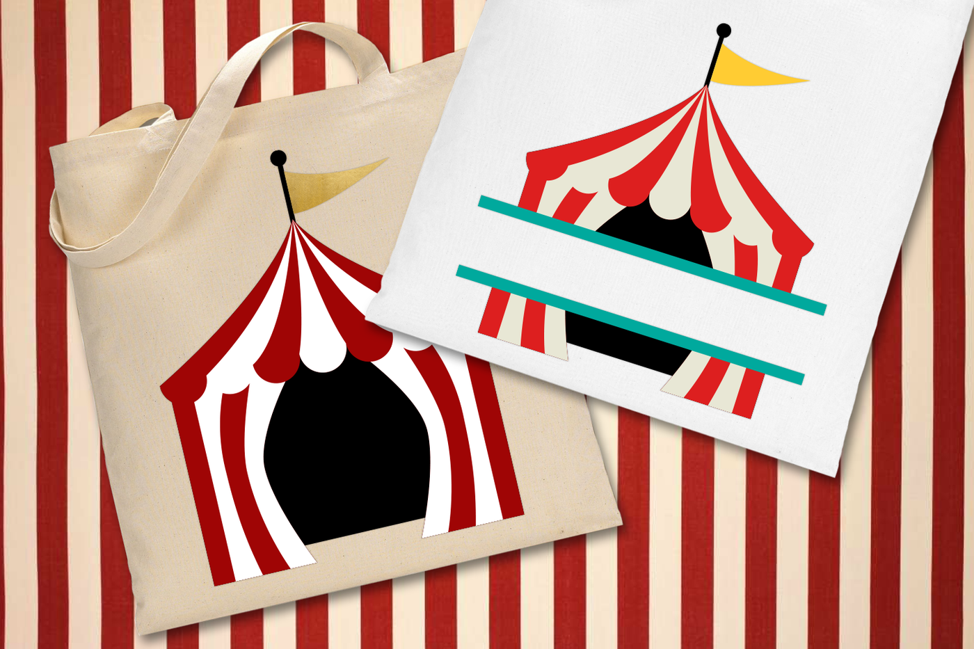 A tote bag and folded tee on a red and ivory striped background. Each has the image of a circus tent. One has a split in the middle.